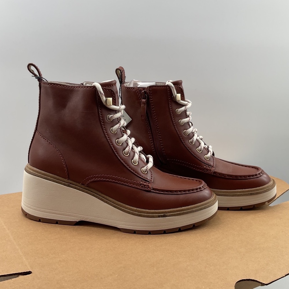 Cole Haan W34702 Brown Leather Waterproof Wedge Moc Toe Boots Womens 8.5B